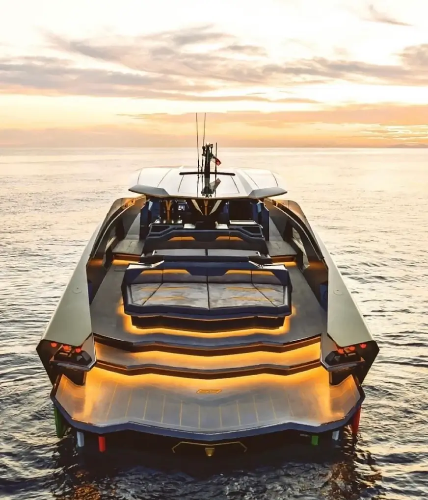 Tecnomar for Lamborghini 63 luxury yacht at sunset